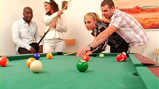 Bright and seductive gals with nice butts get fucked tough in the billiard hall