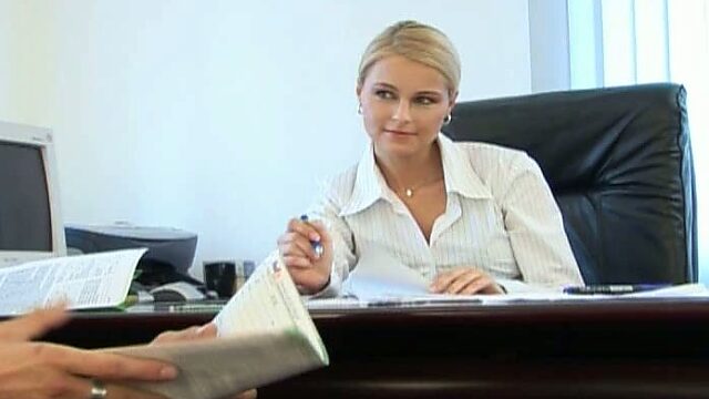 Horny business lady Nikki gets her juicy pussy licked on the office table