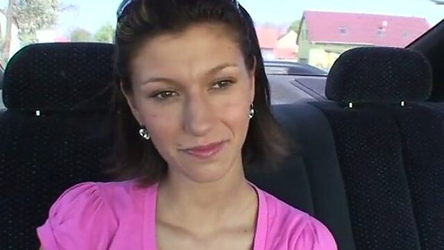 Pretty girl gets her shaved pussy fondled in the car
