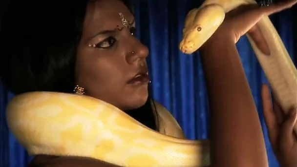 Dark skin brunette Indian babe plays and tames a python