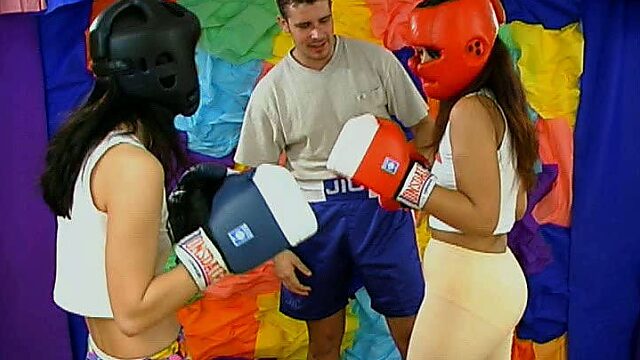 Boxing brunette teens gonna win a chance to tease a stiff dick (FFM)