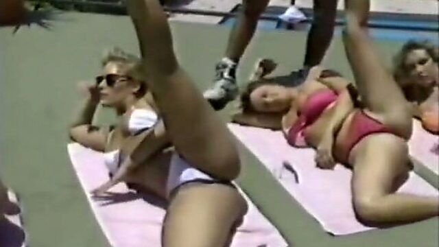 Three sexy pool bitches are gonna gangbang one brutal fitness trainer