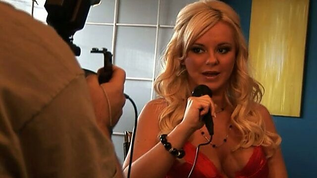Backstage interview with gorgeous blond haired super busty porn actress