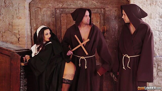 Seductive sinful nun Susy Gala is fucked by two horny monks