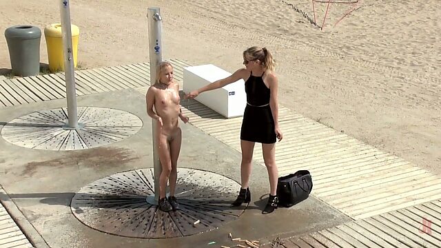 Whorish blonde Mona Wales gets her muff punished in public place