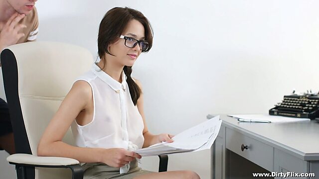 Nerdy secretary in glasses Michelle Can gets double penetrated in the office
