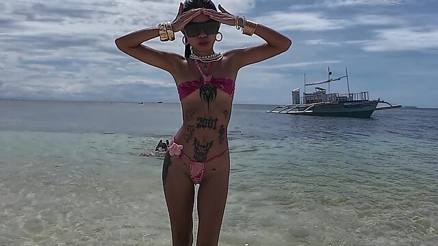 Petite asian swims in the ocean, then gets fucked in the ass back at home