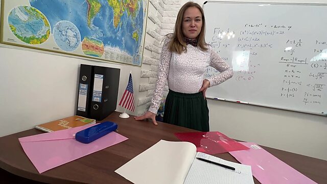 Russian slutty babe in school uniform pass the exam through the fucking