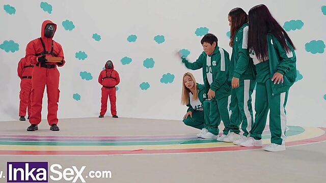 Slutty babes got roughly fucked by squid game officers