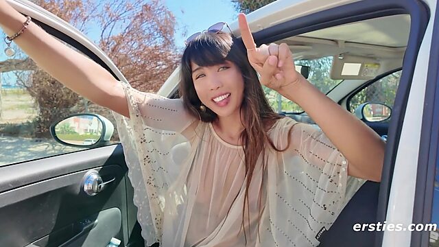 Slim Asian Exhibitionist Walks and Fucks Herself with Dildo