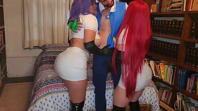 Dressed up latina girls share a big dick in a small bed