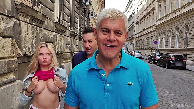 Busty blonde goddess has her tight pussy fucked by an older guy she met on streets