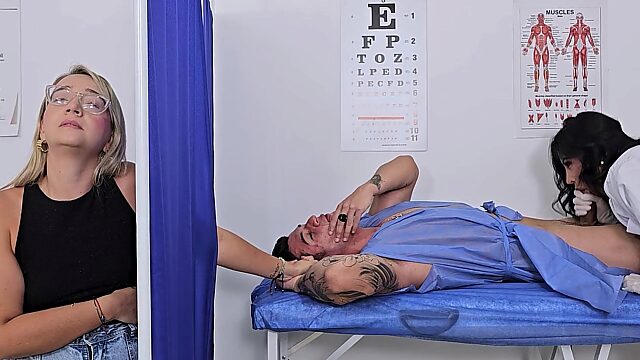 Lustful latina doctor seduced her patient while his gf was sitting behind the screen